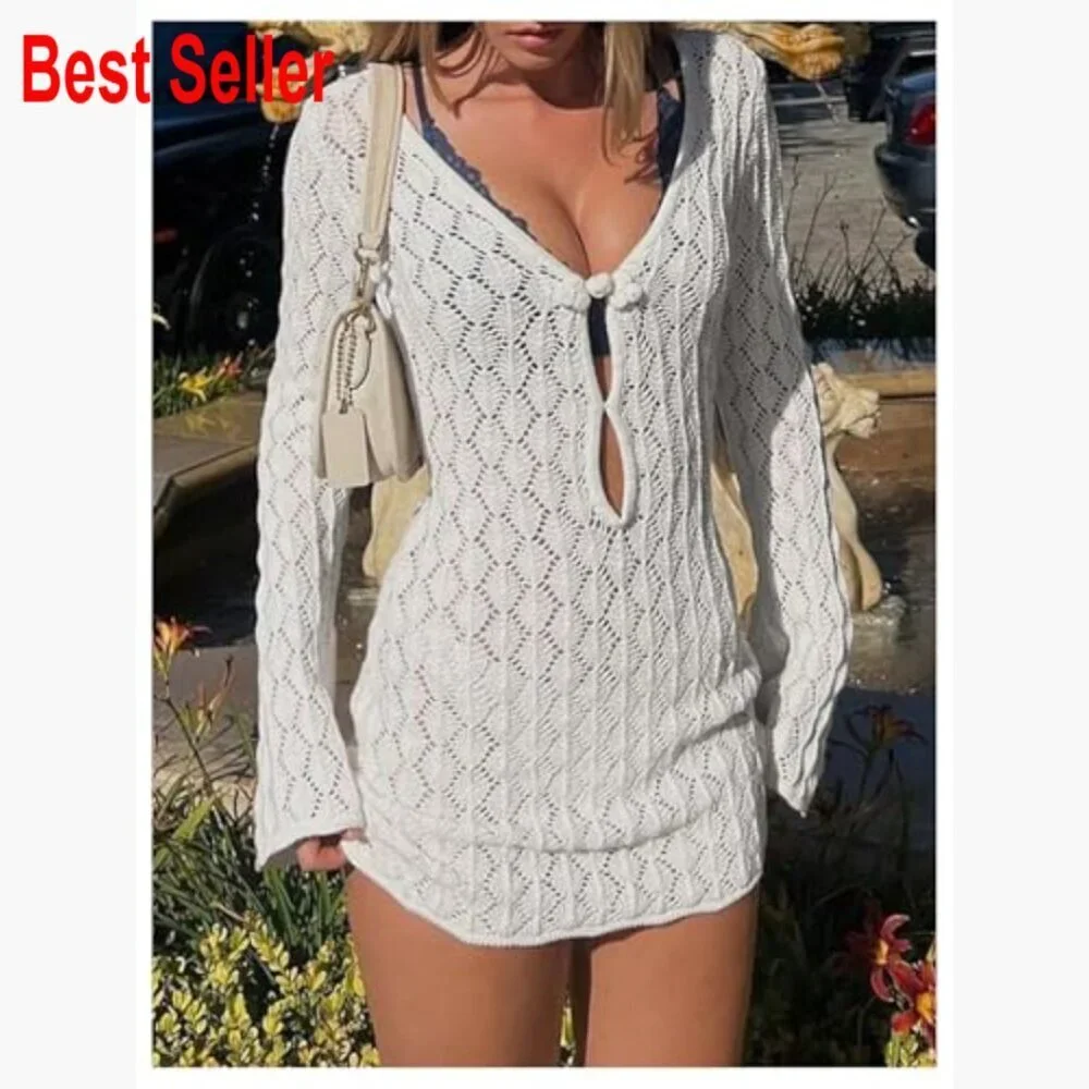 Crochet Mini Dress Swimsuit Coverup Long Sleeve Beach Cover Up